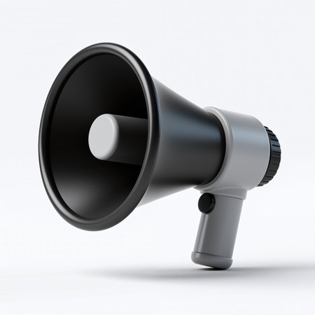 A modern gray and black megaphone on a white background, symbolizing loud and clear communication, announcement, or public speaking, conveying a sense of importance and attention.の素材