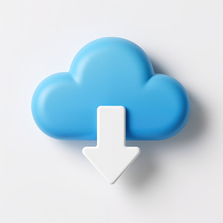 Cloud computing symbol with blue cloud and white arrow pointing down, signifying data transfer and online storage solutions.の素材