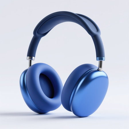 A pair of sleek, royal blue wireless headphones against a clean white background, showing their modern design and vibrant color.の素材