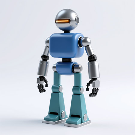 A futuristic robot with a rounded silver head, blue body, and teal legs stands on a white background, showing a sleek and modern design with metallic accents.の素材