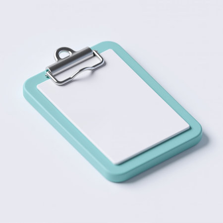 A minimalist illustration of a teal clipboard with a blank white paper, symbolizing organization and note-taking, on a clean white background.の素材
