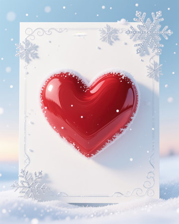 A digital illustration of a Valentines Day scene, featuring a red heart on a snowy card, surrounded by snowflakes and a serene blue sky.の素材