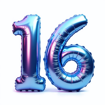 The number 16 is depicted as shiny blue foil balloons on a white background, a beautiful birthday illustration for a card, with a metallic sheen and a celebratory feel.の素材