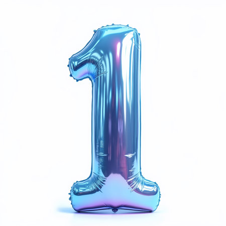 A blue, shiny, metallic balloon in the shape of the number one on a white background, perfect for a birthday card illustration.の素材