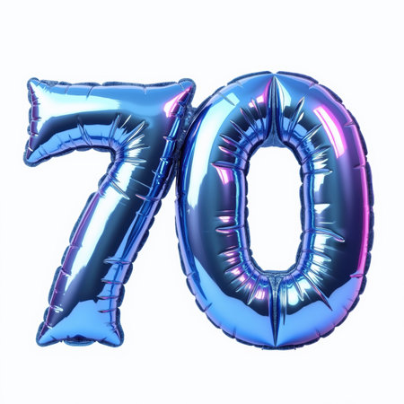 Large blue metallic balloon in the shape of the number 70 on a white background, an illustration for a birthday card.の素材