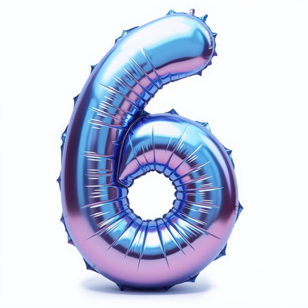 Shiny blue balloon in the shape of number 6, with reflective surface and spiky edges, on a white background, for a birthday card illustration.の素材