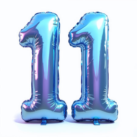 The number 11 is formed by two shiny blue balloons on a white background, illustration for a birthday card.の素材