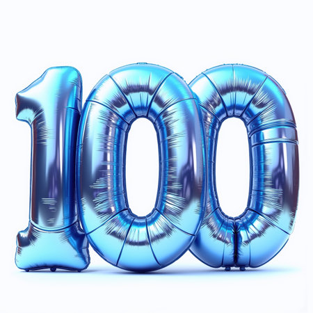Shiny blue balloon forming the number 100 on a white background, perfect for a birthday card illustration.の素材