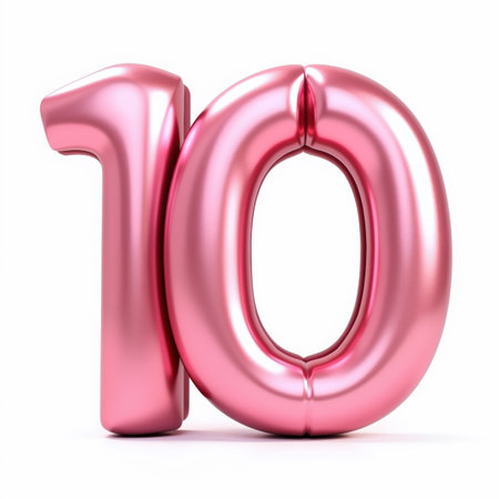 The illustration depicts a shiny pink balloon in the shape of the number 10 on a white background, perfect for a birthday card.の素材