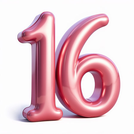 The number sixteen is a shiny pink balloon against a white background, suitable for a birthday card.の素材