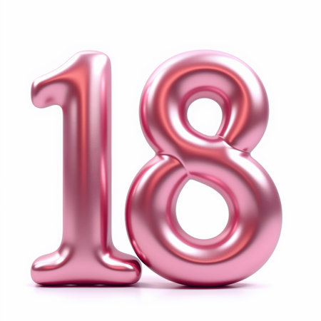 The number 18 is a shiny pink metallic balloon on a white background, perfect for an 18th birthday card.の素材