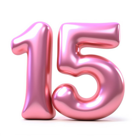 Illustration of number 15 in metallic pink, shiny and reflective, for a birthday card on a white background.の素材