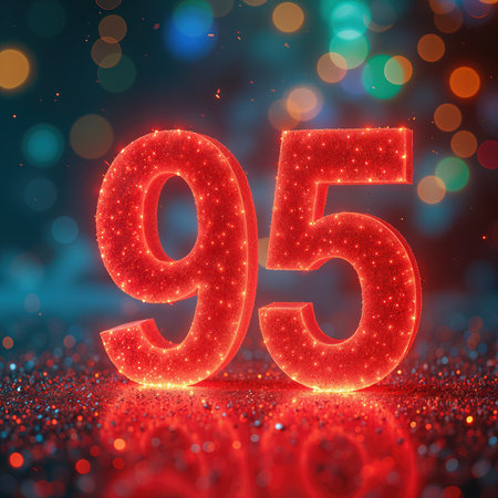 Celebrating a 95th birthday, the glittering red numbers 95 stand out against a vibrant, blurred background with colorful bokeh lights.の素材
