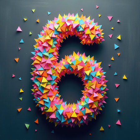 Birthday celebration for a six-year-old, featuring a vibrant number six made of multicolored triangular paper pieces on a dark backdrop.の素材