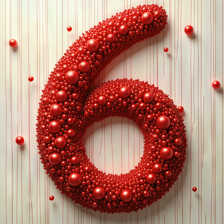 A 3D red number six made of shiny beads for a 6th birthday, set against a striped background.の素材