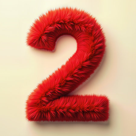 A fluffy red number two on a light background, celebrating a second birthday.の素材