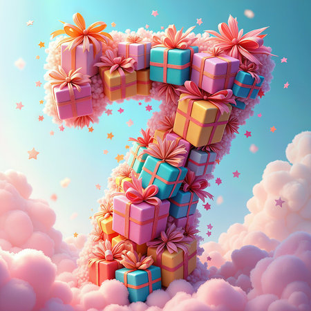 A whimsical birthday scene featuring gift boxes forming the number 7, floating among fluffy clouds and stars in a vibrant blue sky.の素材