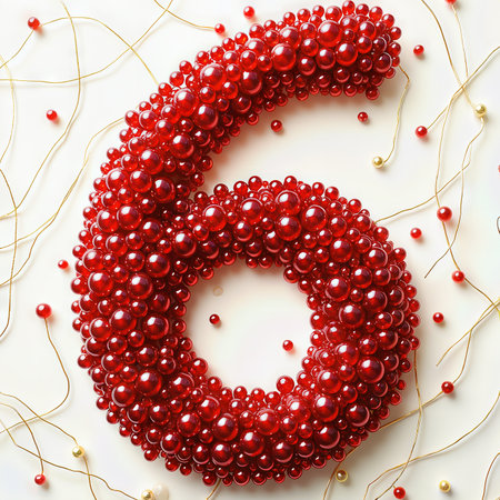 A festive 6th birthday display featuring a number six made of red beads with gold accents on a white background.の素材