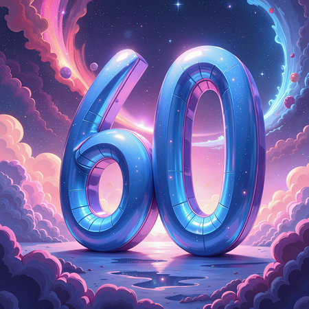 A colorful 60th birthday celebration with large, metallic numbers and a cosmic, cloudy background.の素材