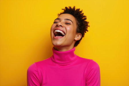 A person with curly hair, wearing a pink turtleneck, laughing heartily against a vibrant yellow background.の素材