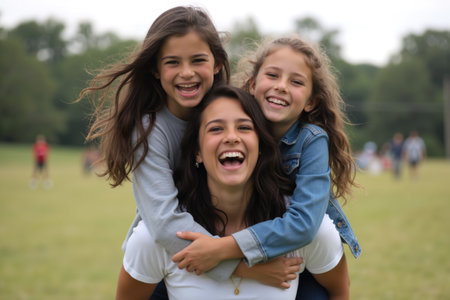 A mother and her two daughters share laughter and hugs in a park.の素材