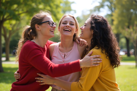 Three joyful friends share a warm embrace and laughter in a sunny park surrounded by trees.の素材