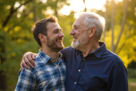 A heartwarming scene of a father and son laughing together in a sunlit park.の素材