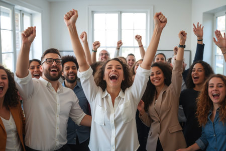 A diverse group of people joyfully raising their hands in celebration in an office setting.の素材