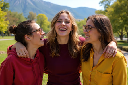 Three happy friends enjoying a joyful moment in a scenic park with mountains in the background.の素材