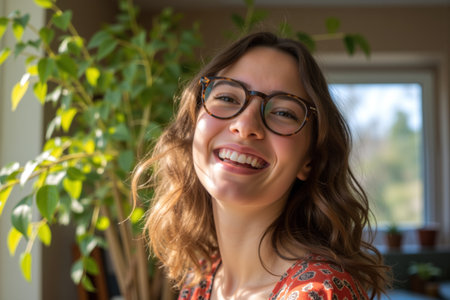 A cheerful woman with curly hair and glasses, smiling warmly indoors with plants and sunlight.の素材