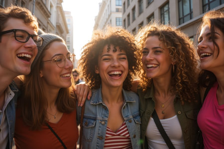 A group of friends enjoying a joyful moment outdoors in the city, surrounded by tall buildings.の素材