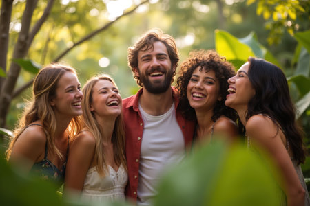 Friends enjoying laughter outdoors surrounded by lush greenery and sunlight filtering through trees.の素材