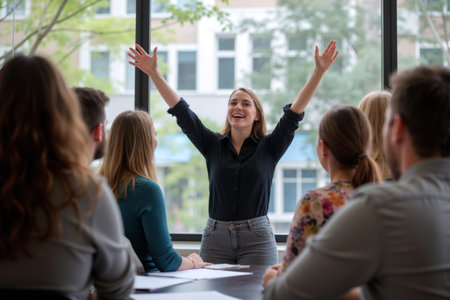 A cheerful woman with her arms raised stands in front of a group of people sitting around a table in a bright, modern office setting.の素材