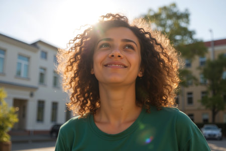 A woman with curly hair smiling brightly in the sunshine on a city street.の素材