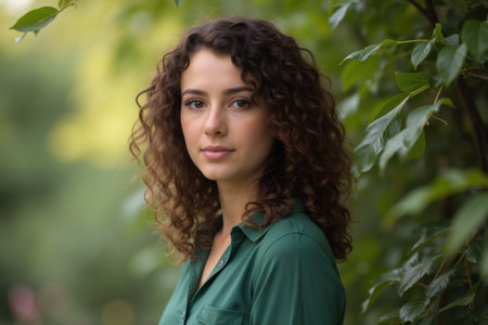 A woman with curly hair stands amidst lush greenery, wearing a green shirt, with a serene expression.の素材