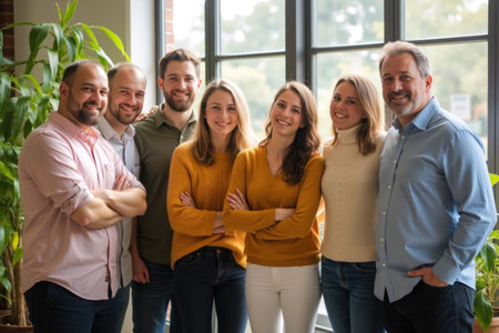 A diverse group of colleagues posing happily in a bright, plant-filled office setting with large windows.の素材