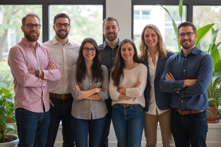Seven people standing and smiling in a well-lit room with plants by the window.の素材