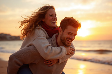 A happy couple embraces and laughs together on a beach at sunset, with the woman wearing a cozy sweater and scarf.の素材