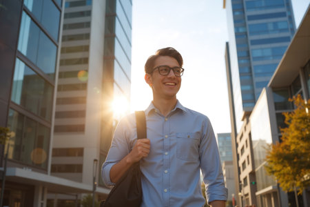 A cheerful man wearing glasses and a blue shirt, carrying a bag, walking through a modern city with tall buildings in the background.の素材