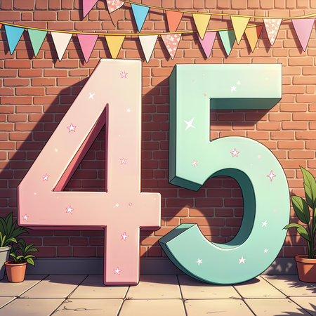 A festive 45th birthday scene featuring large pastel numbers 45 decorated with stars, set against a brick wall adorned with colorful bunting and potted plants.の素材