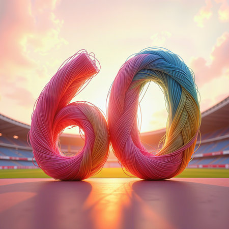 A vibrant 60th birthday celebration showcasing a colorful 60 made of threads standing in a stadium with a sunset backdrop.の素材