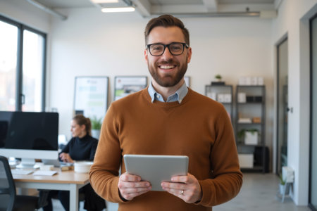 A cheerful man with glasses, dressed in a brown sweater, smiling while holding a tablet in a bright, modern office.の素材