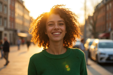 A cheerful woman with curly hair stands on a sunny city street, radiating joy.の素材