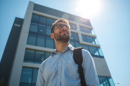 A man with glasses and a backpack stands outside a contemporary building, looking upwards with sunlight shining down.の素材