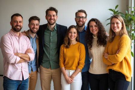 A cheerful group of seven people, dressed in casual and business attire, smile for a photo in an office setting.の素材