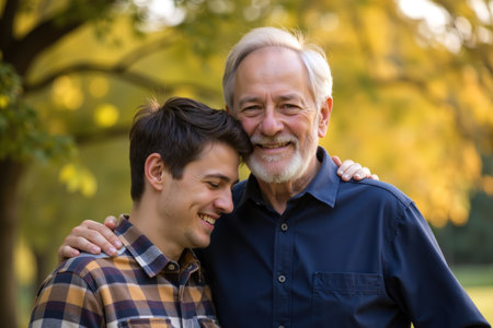 A joyful father and son share a warm embrace in a serene park, surrounded by vibrant autumn foliage.の素材