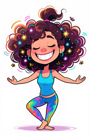 Cartoon woman with curly hair and colorful clothes dancing with sparkles and butterflies around her on a white background.の素材