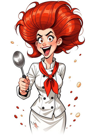 Cartoon chef with red hair, white uniform, and red neckerchief tossing red and orange food pieces with a spoon against a white background.の素材