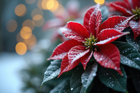 Poinsettia with snow-dusted red petals and green leaves, soft blurred lights in the background, festive Christmas scene.の素材