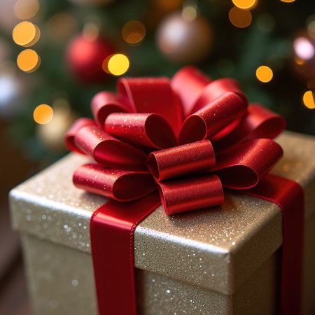 Gold gift box with red satin bow and ribbon, blurred Christmas tree lights in background.の素材